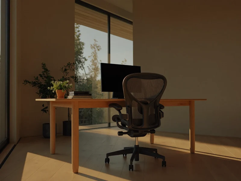 Helles Arbeitszimmer im Spätnachmittagslicht mit Holzschreibtisch, ergonomischem Stuhl und dunklem Monitor, illustrative Darstellung