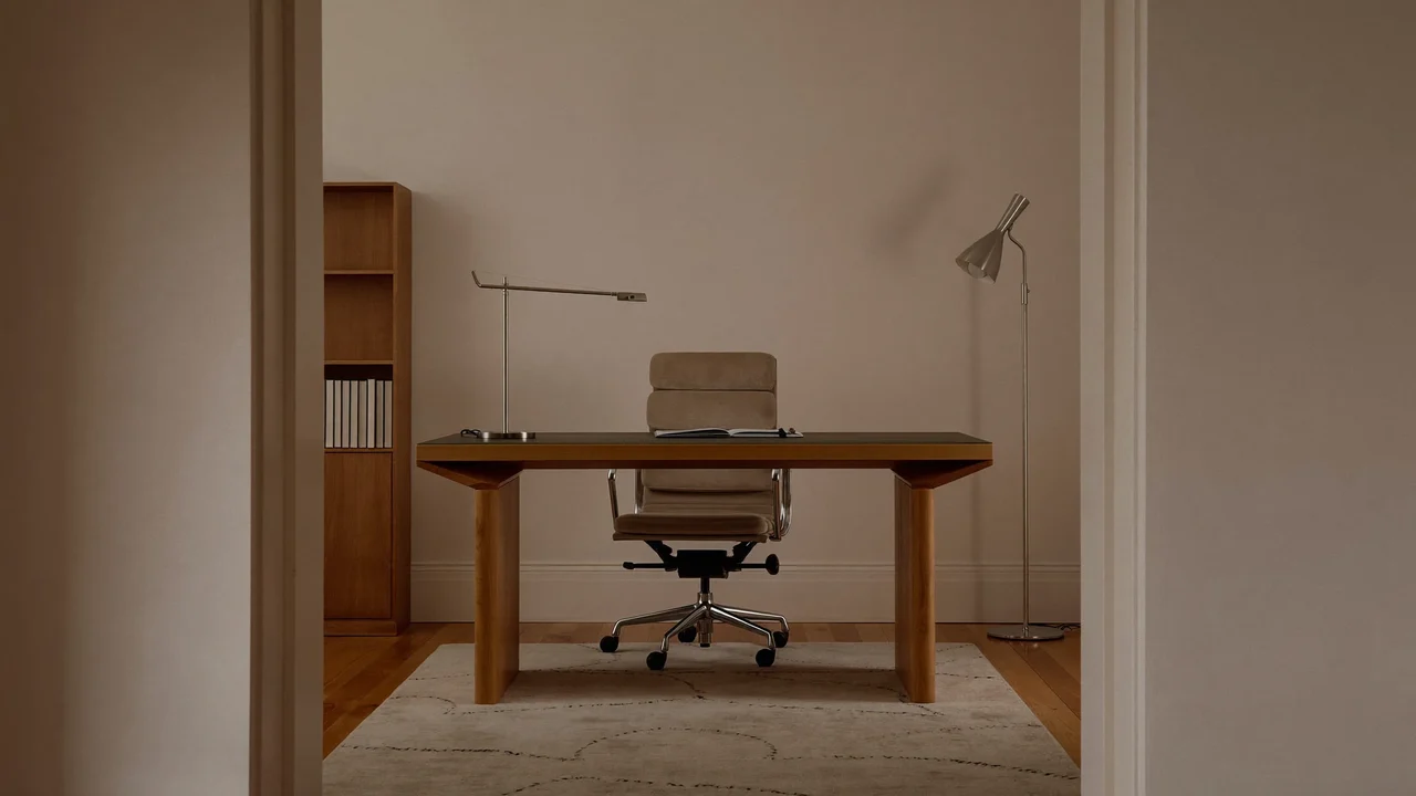Fertig eingerichtetes Arbeitszimmer mit Holzschreibtisch, Stuhl, Stehlampe und Regal, illustrative Darstellung