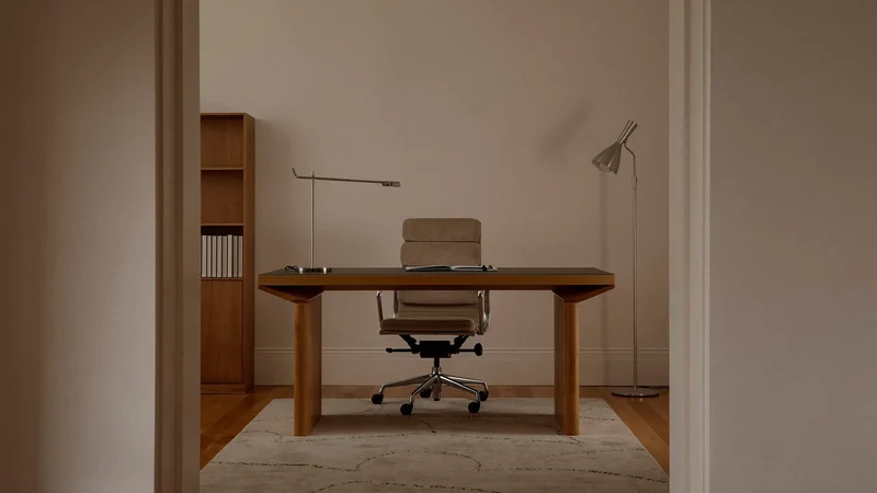 Fertig eingerichtetes Arbeitszimmer mit Holzschreibtisch, Stuhl, Stehlampe und Regal, illustrative Darstellung